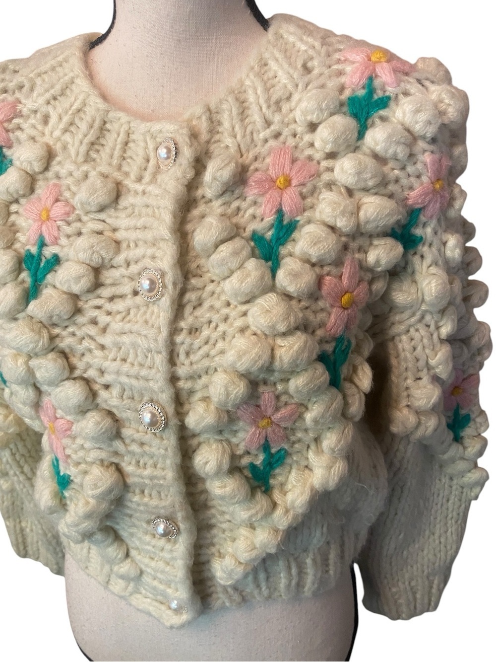 Women’s Cottagecore Floral Bubble Stitch Sweater Cardigan Vintage Inspired S